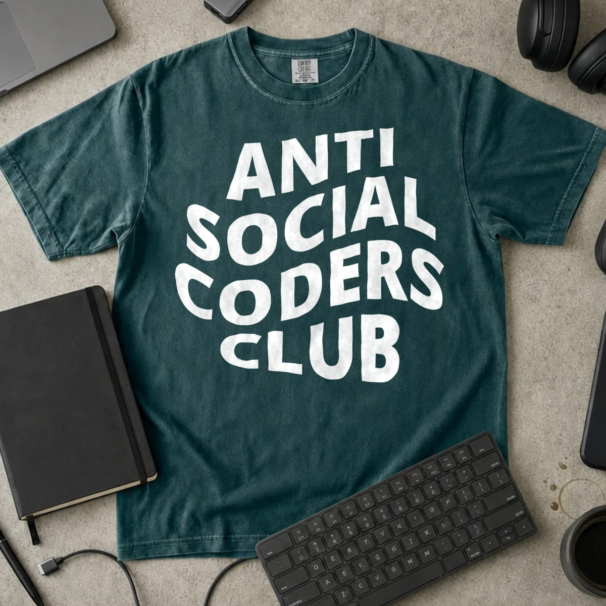 Anti Social Coders Club Shirt in Blue Spruce, Comfort Colors 1717 tee flat lay
