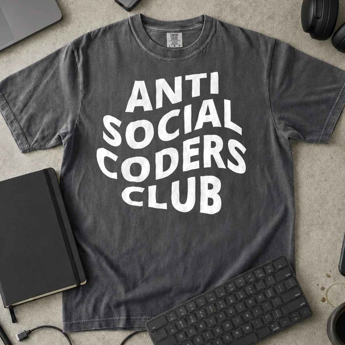 Anti Social Coders Club Shirt in Pepper, Comfort Colors 1717 tee flat lay