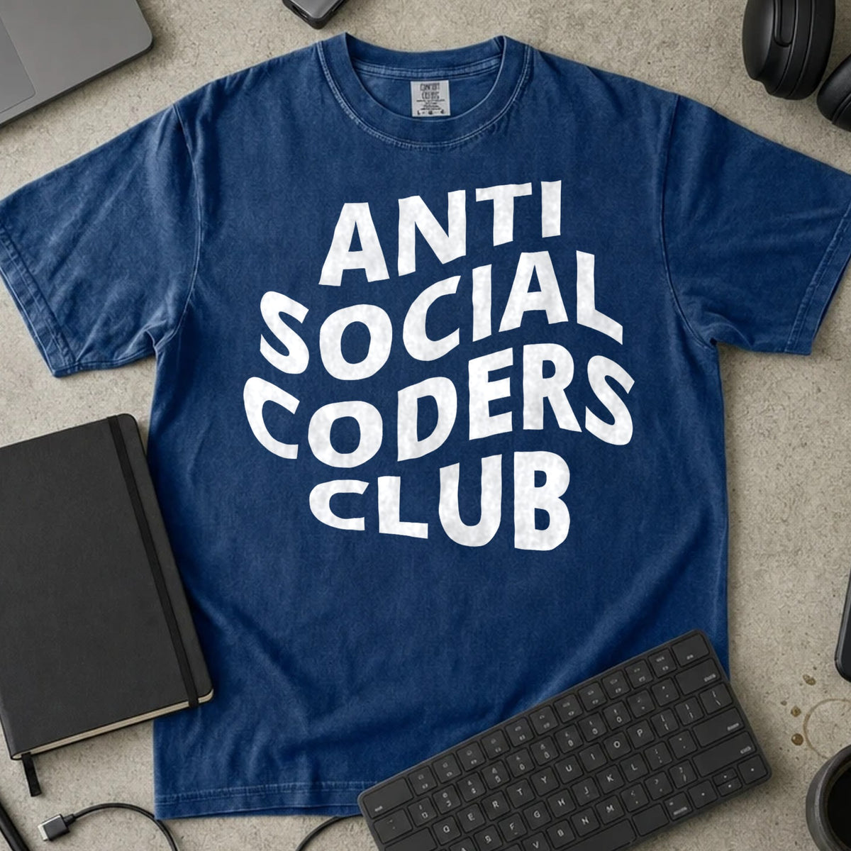 Anti Social Coders Club Shirt in True Navy, Comfort Colors 1717 tee flat lay