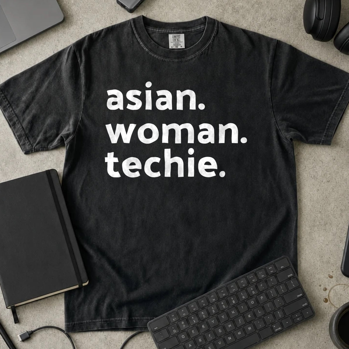 Asian Woman Techie Shirt in Black, Comfort Colors 1717 tee flat lay