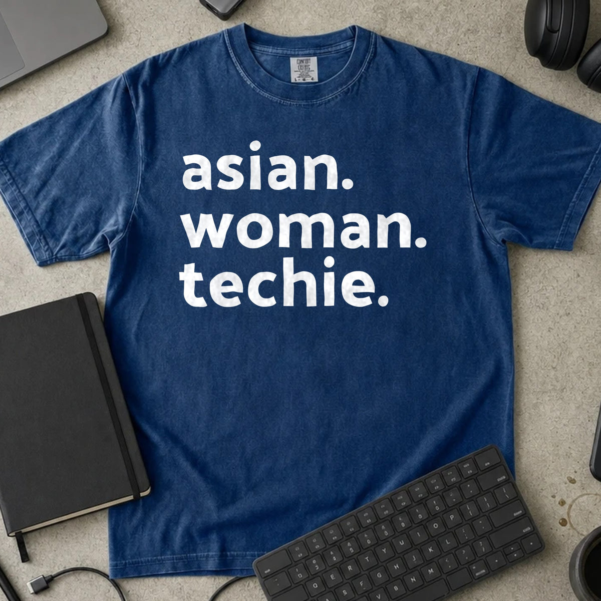 Asian Woman Techie Shirt in True Navy, Comfort Colors 1717 tee flat lay