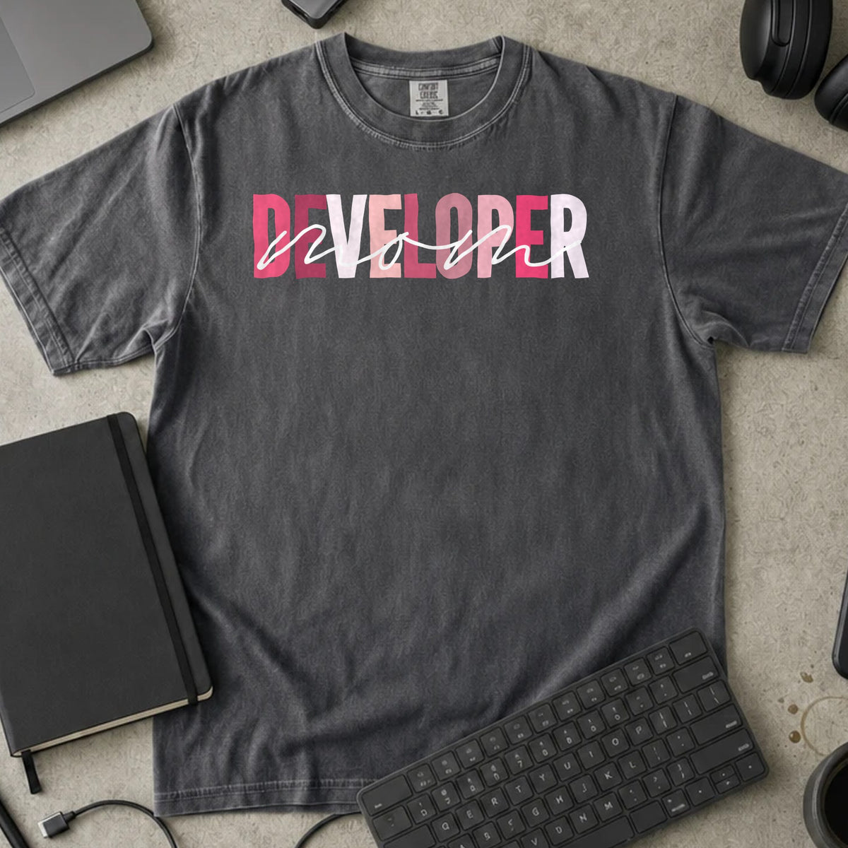 Developer Mom Shirt in Pepper, Comfort Colors 1717 tee flat lay