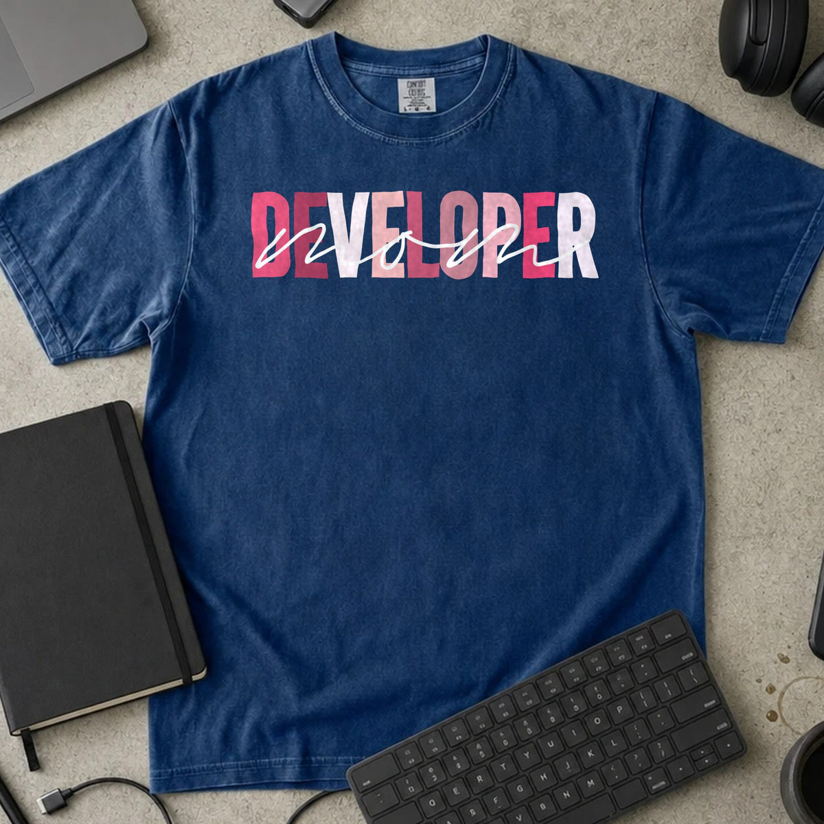 Developer Mom Shirt in True Navy, Comfort Colors 1717 tee flat lay