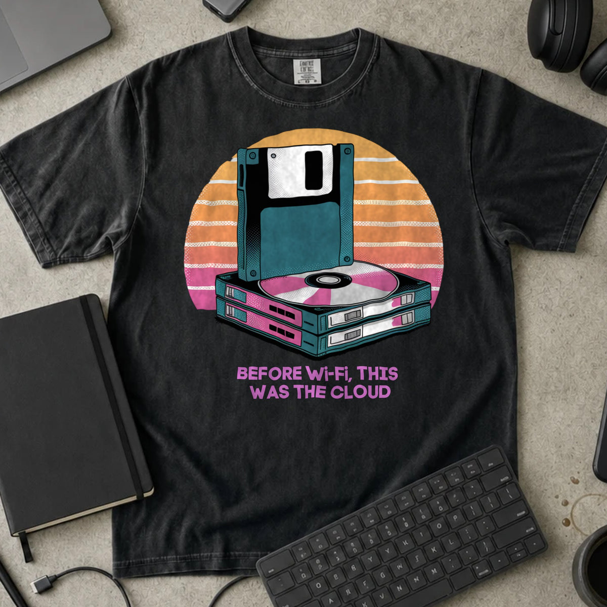 Before Wi-Fi This Was the Cloud Shirt in Black, Comfort Colors 1717 tee flat lay