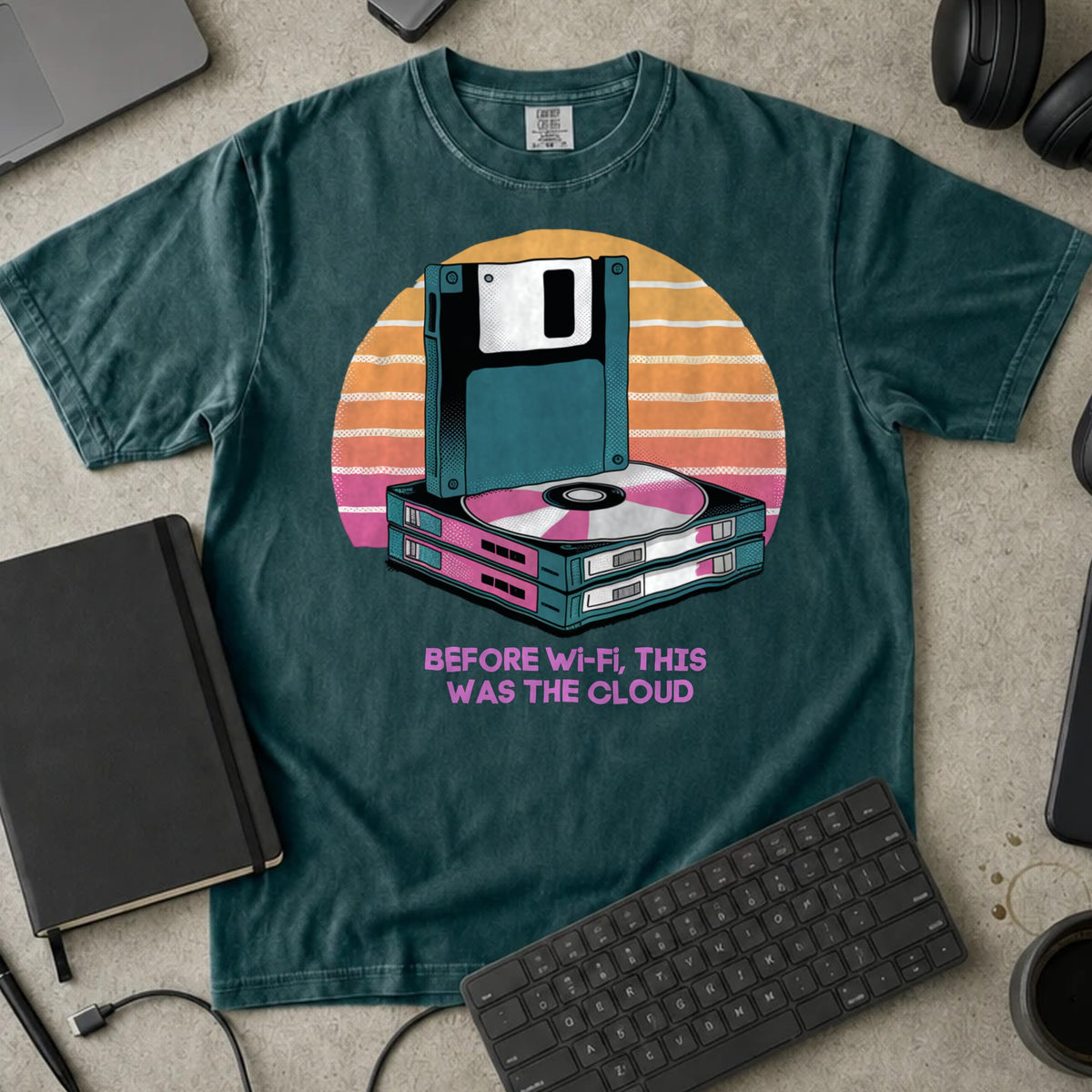 Before Wi-Fi This Was the Cloud Shirt in Blue Spruce, Comfort Colors 1717 tee flat lay