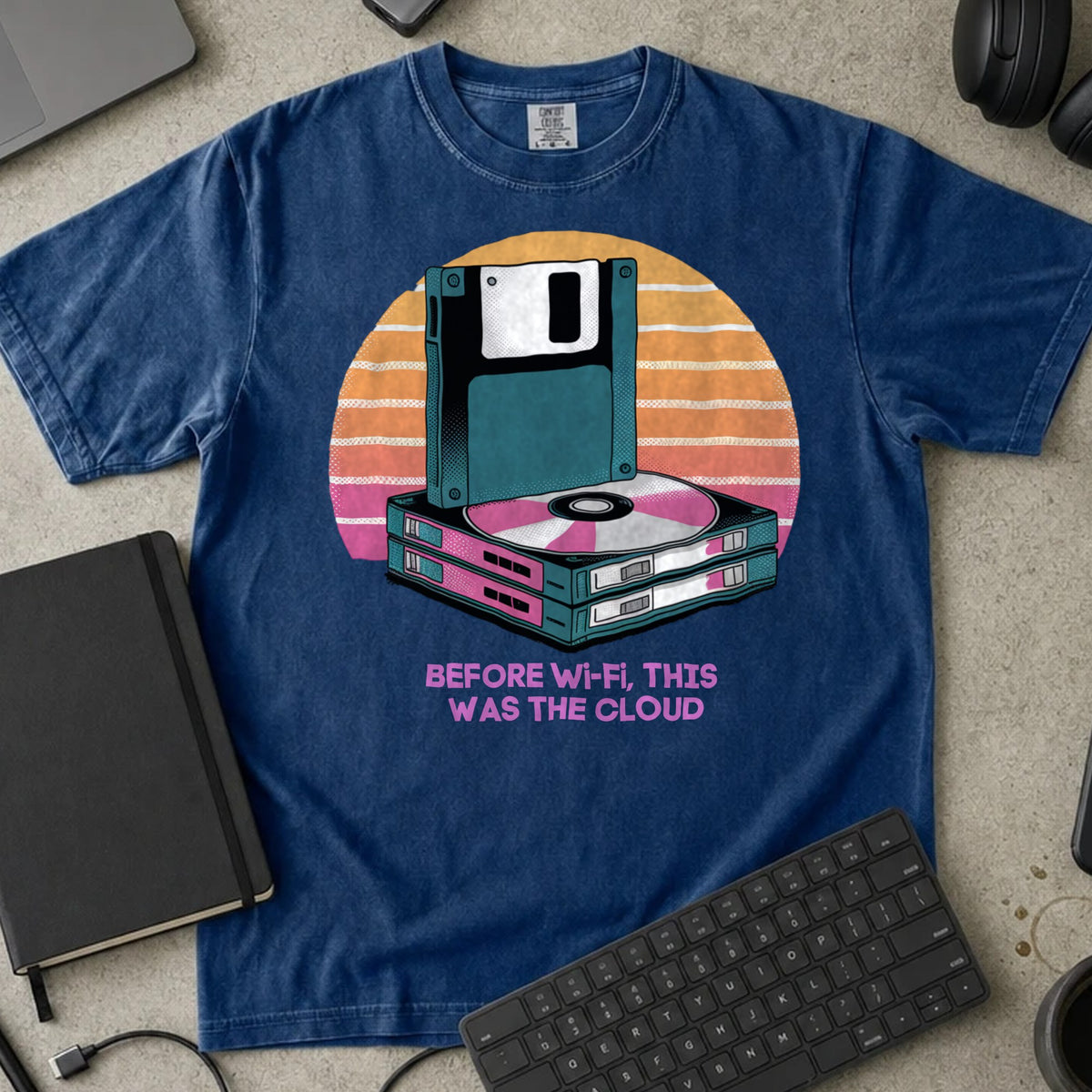 Before Wi-Fi This Was the Cloud Shirt in True Navy, Comfort Colors 1717 tee flat lay