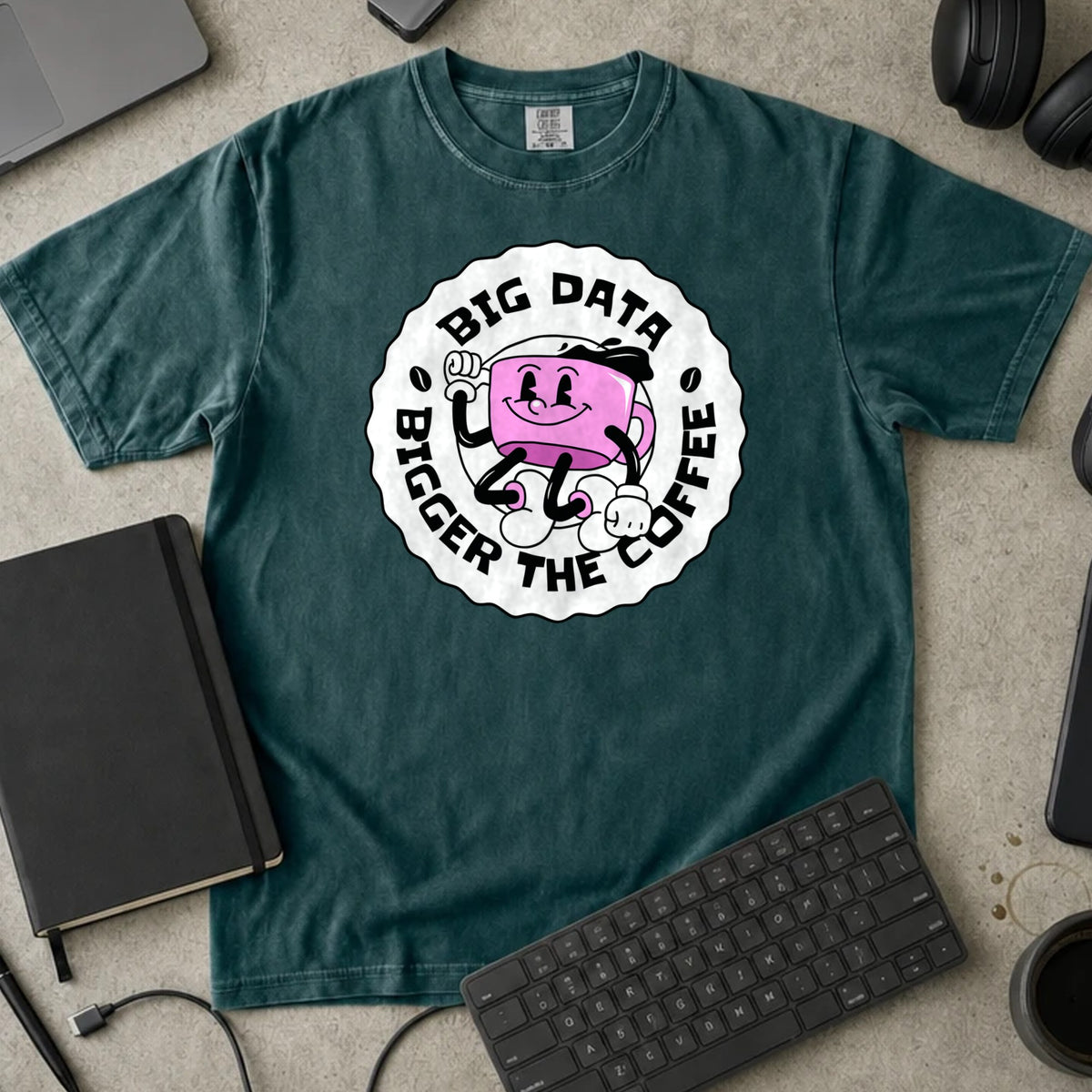 Big Data Bigger The Coffee Badge Shirt in Blue Spruce, Comfort Colors 1717 tee flat lay
