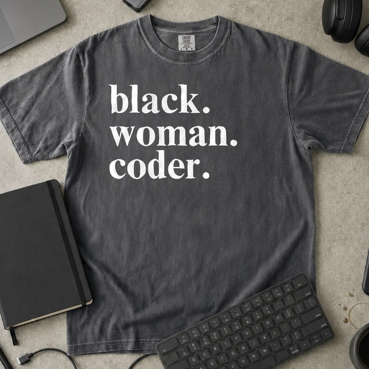 Black Woman Coder Shirt in Pepper, Comfort Colors 1717 tee flat lay