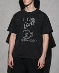 i turn coffee into code Premium Shirt — Black Model Zoom Hero