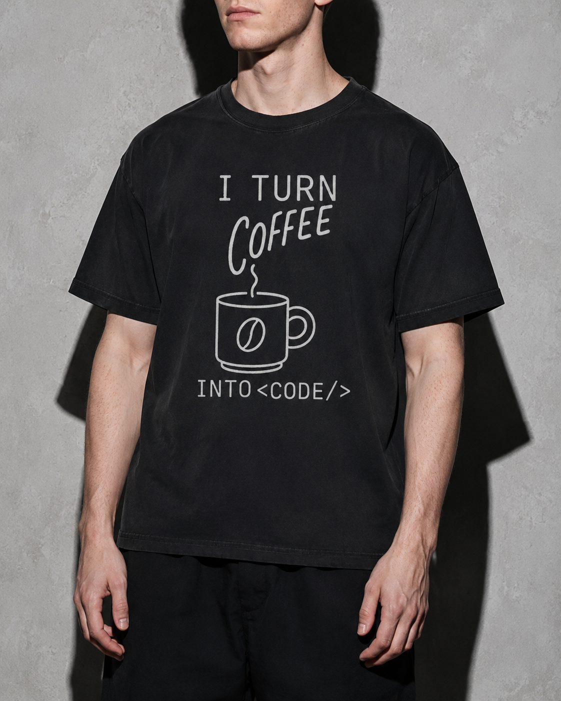 i turn coffee into code Premium Shirt — Black Model Zoom Hero