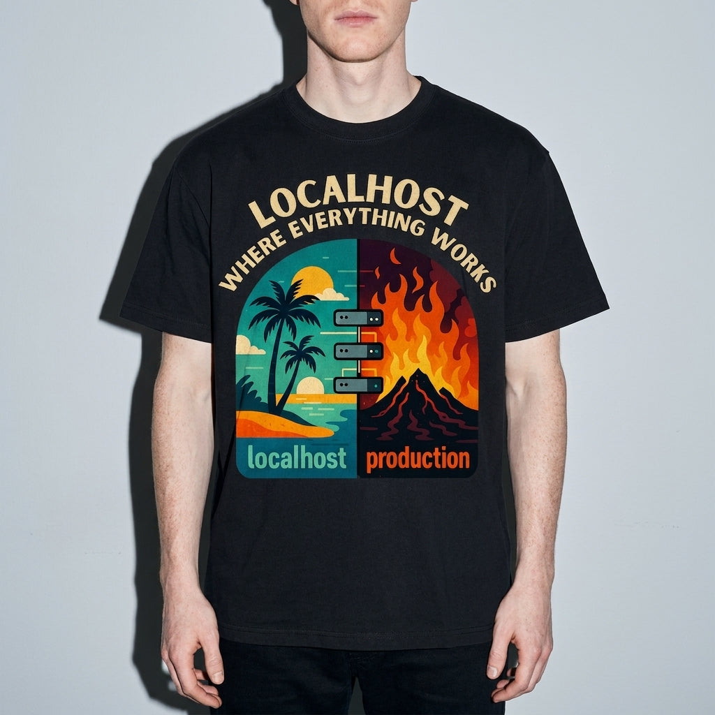 localhost vs production Premium Shirt — Black Model Zoom Hero