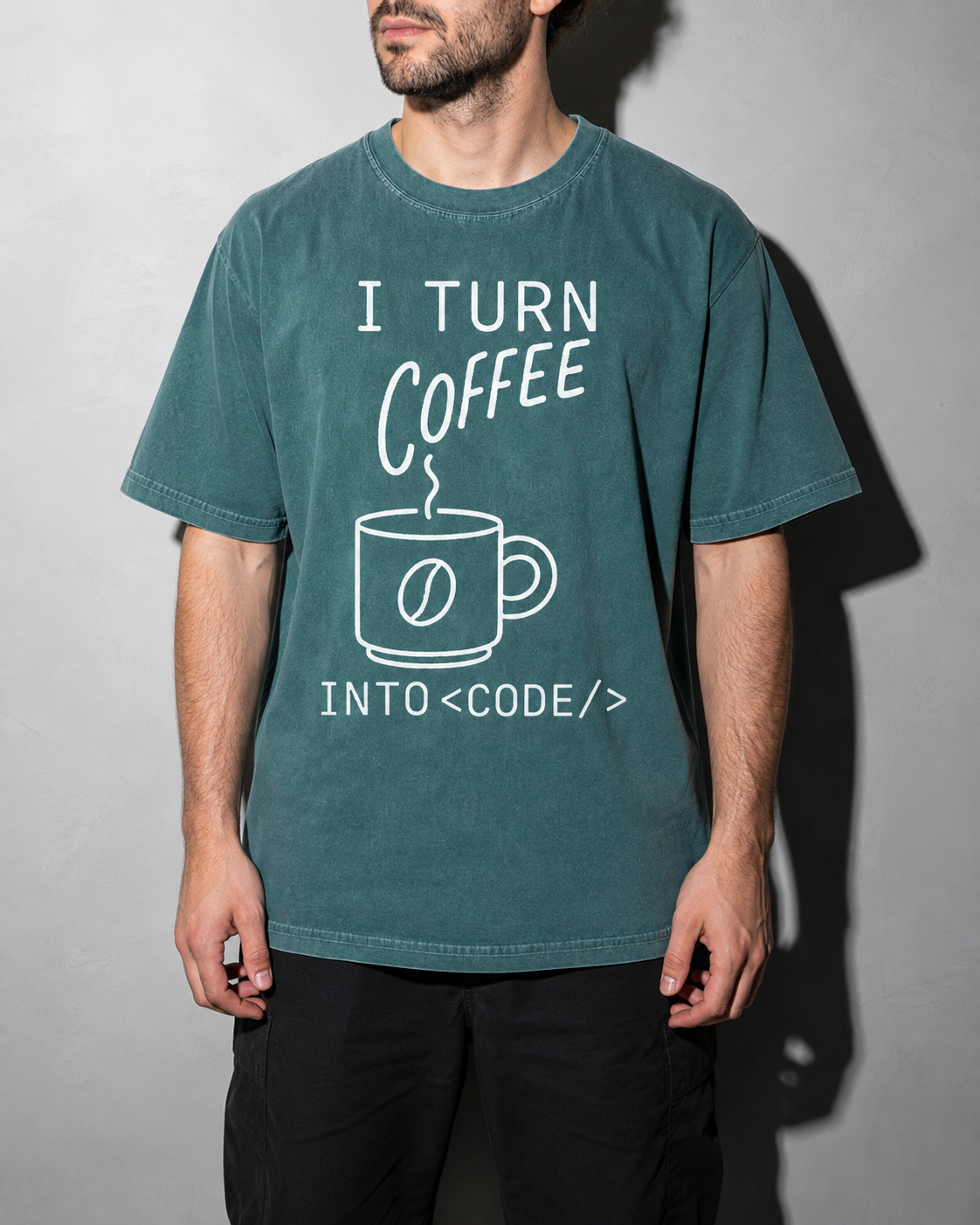 i turn coffee into code Premium Shirt — Blue Spruce Model Zoom Hero