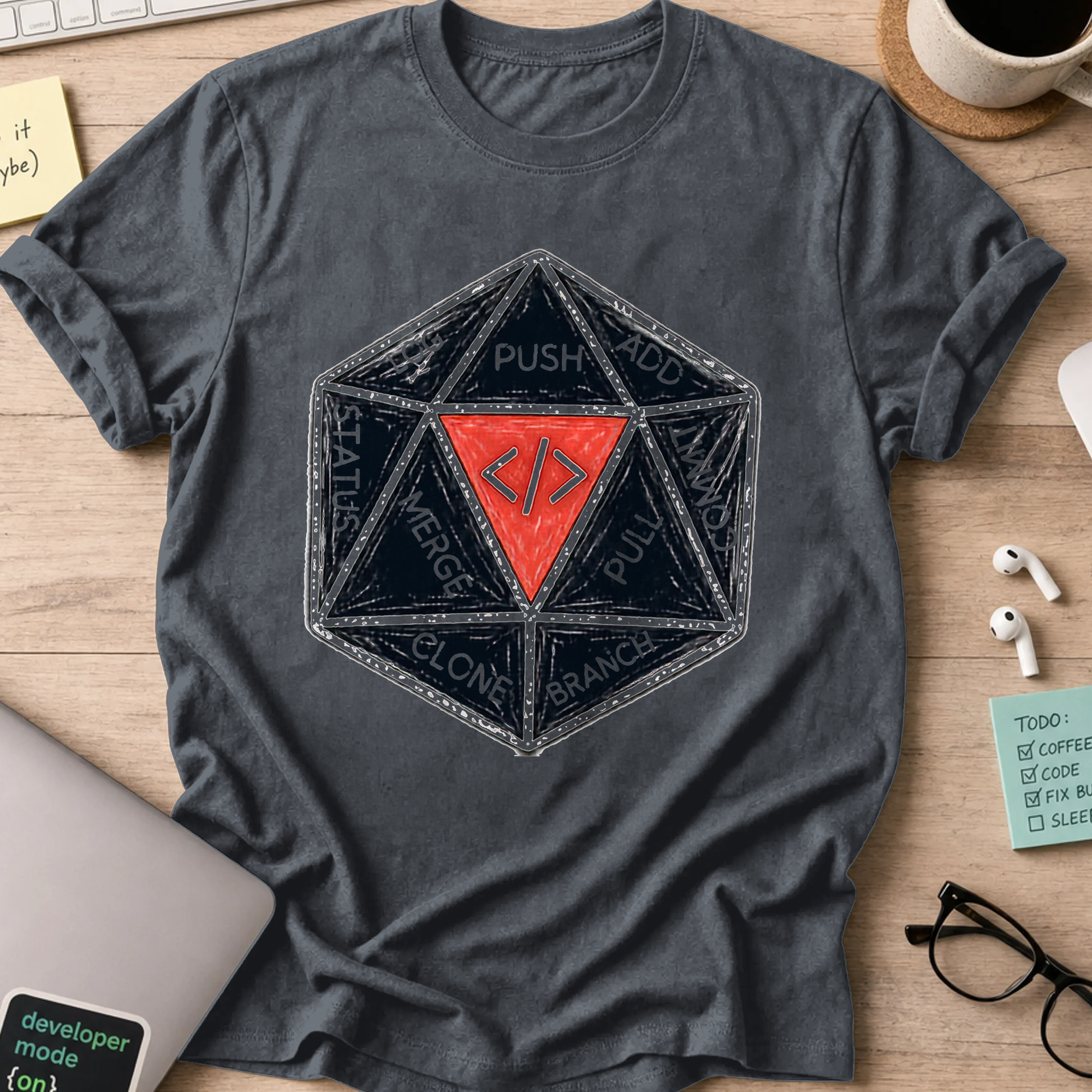 Push Pull Vintage Dice Shirt — Dark Heather storefront mockup