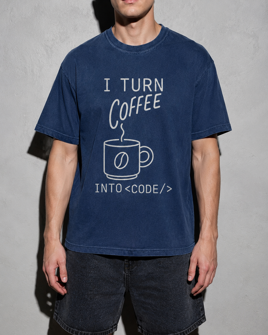 i turn coffee into code Premium Shirt — True Navy Model Zoom Hero