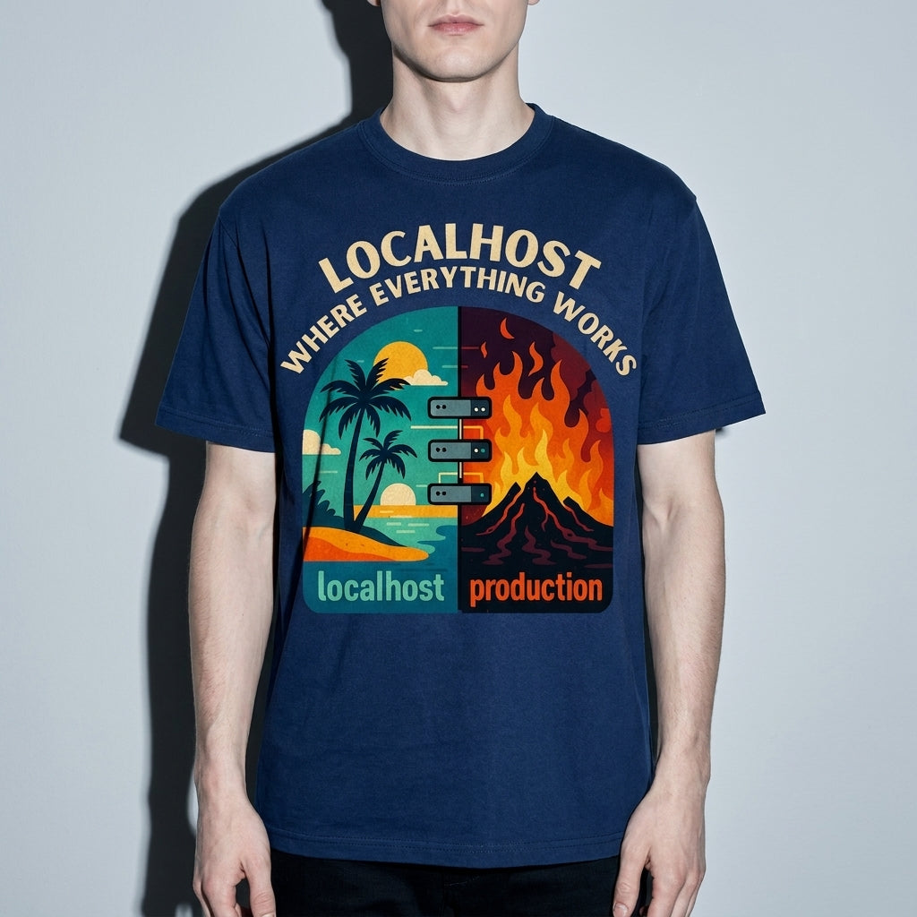 localhost vs production Premium Shirt — True Navy Model Zoom Hero