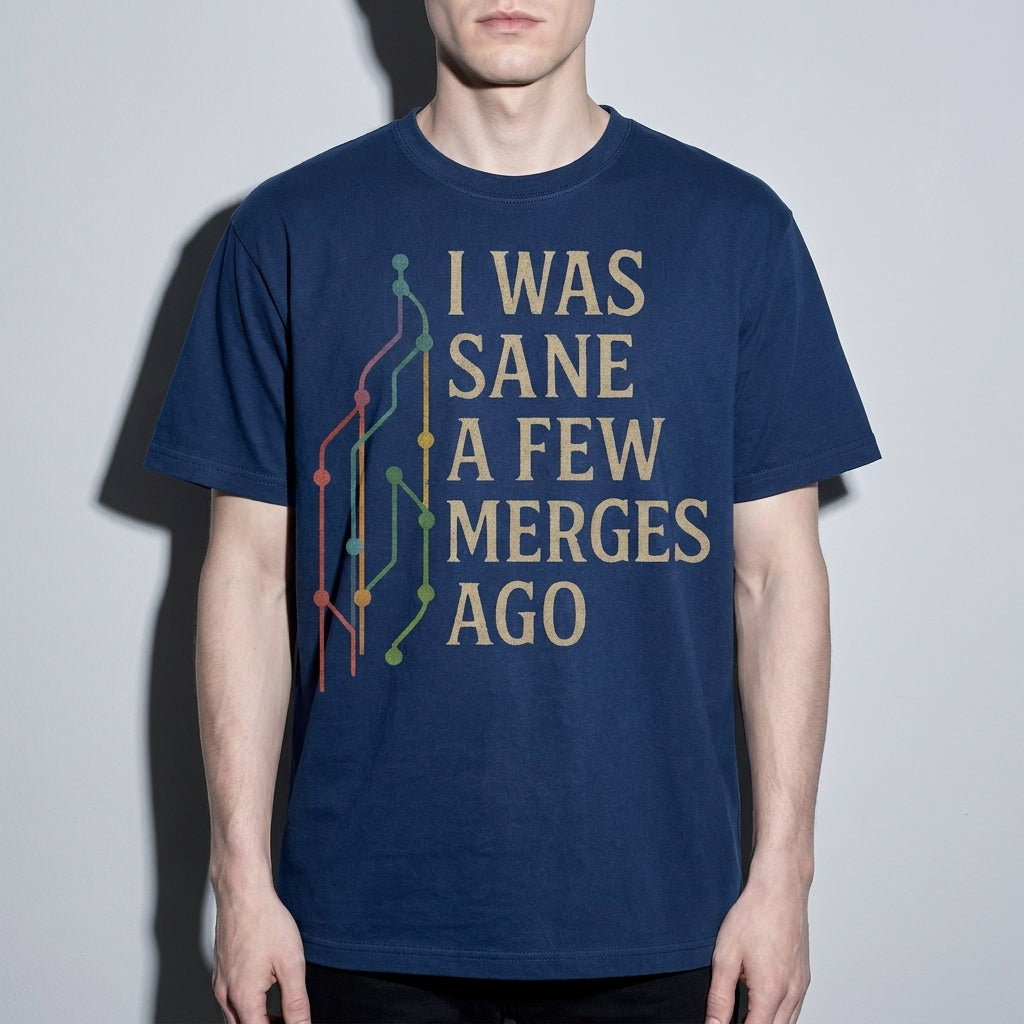 i was sane few merges ago Premium Shirt — True Navy Model Zoom Hero
