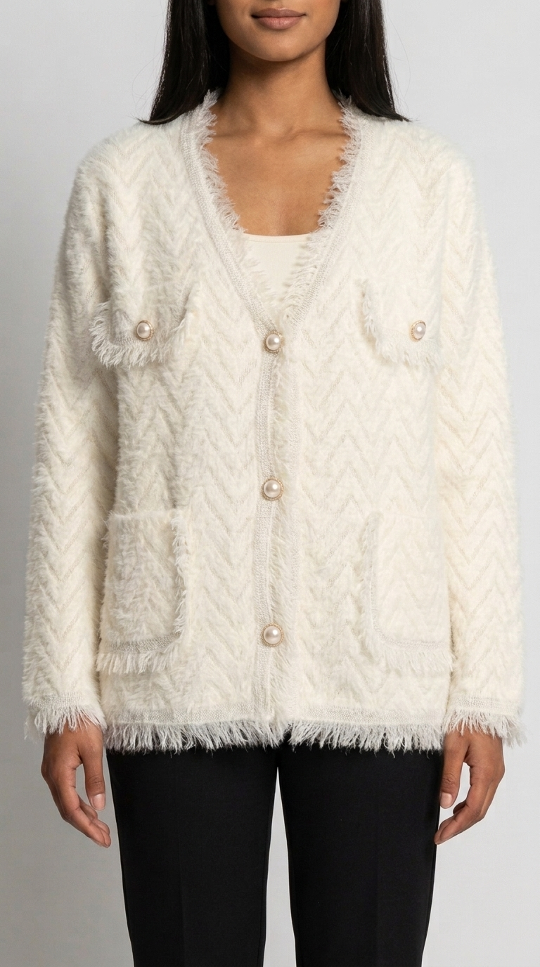 Code Culture catalog | womens-fringed-knitted-cardigan-coat | white | zoom detail