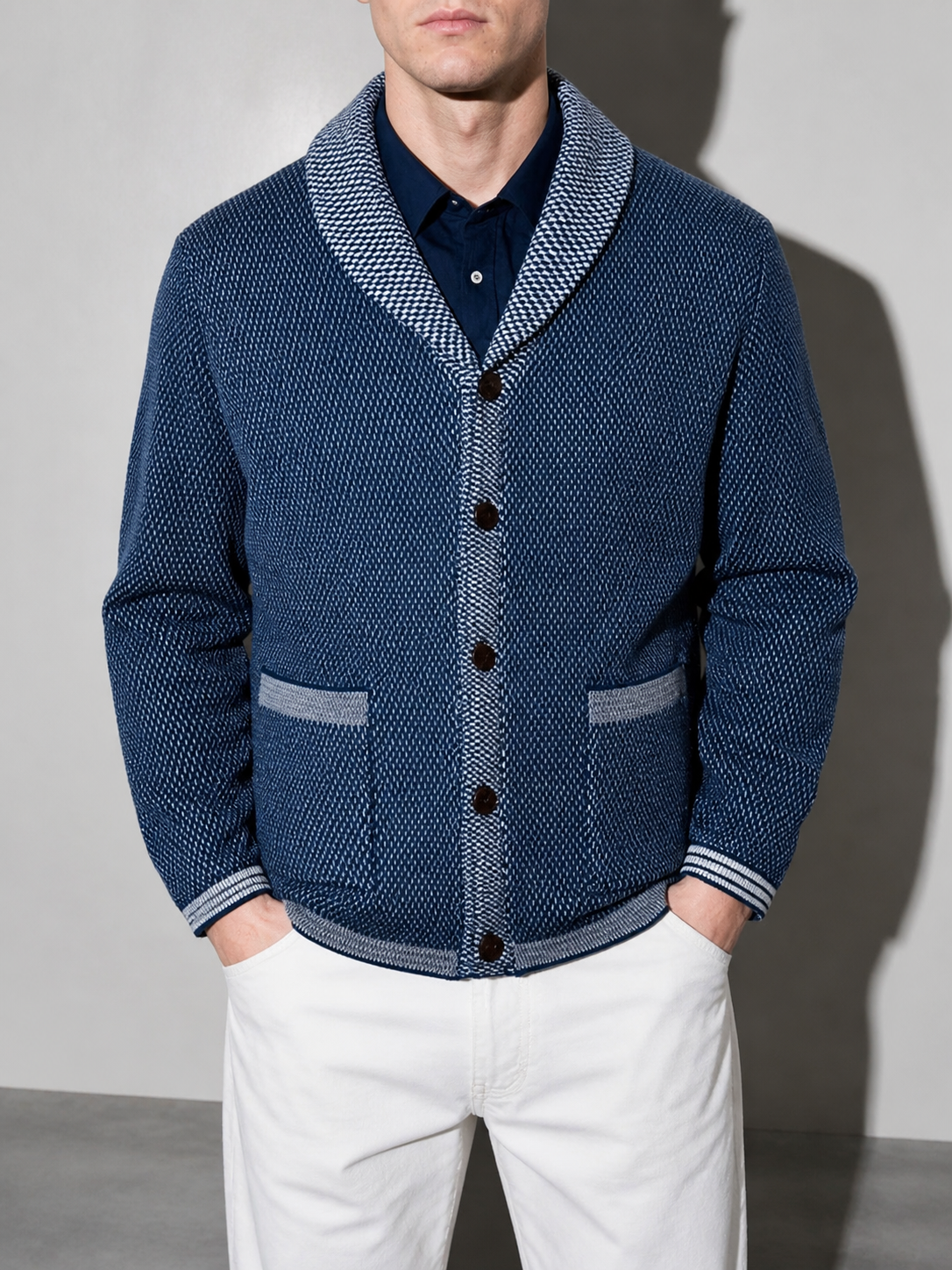 Code Culture catalog | mens-casual-jacquard-sweater-coat | navy-blue | zoom detail