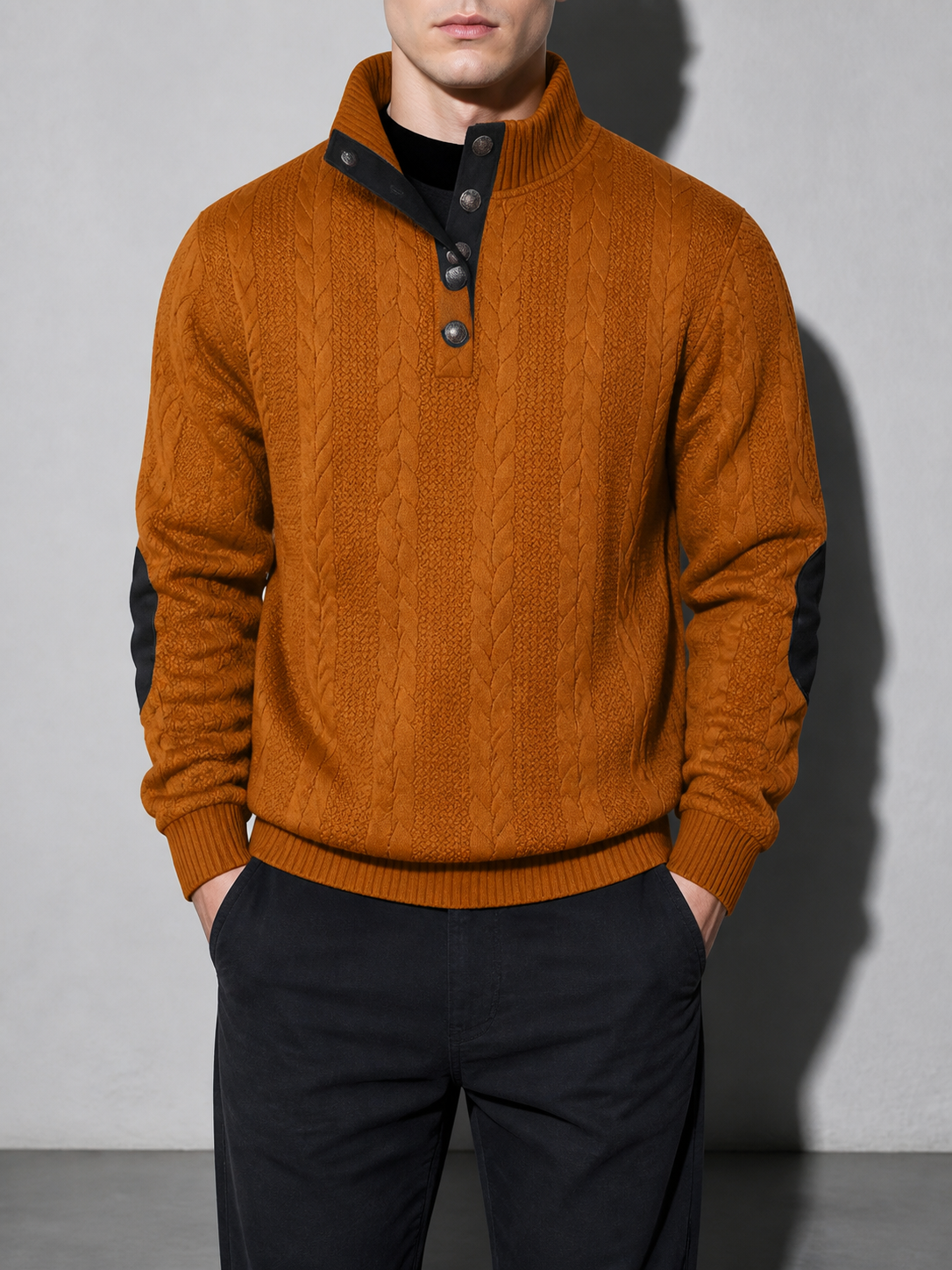 Code Culture catalog | stand-collar-long-sleeve-jacquard-knitted-pullover-sweater | brown2 | zoom detail