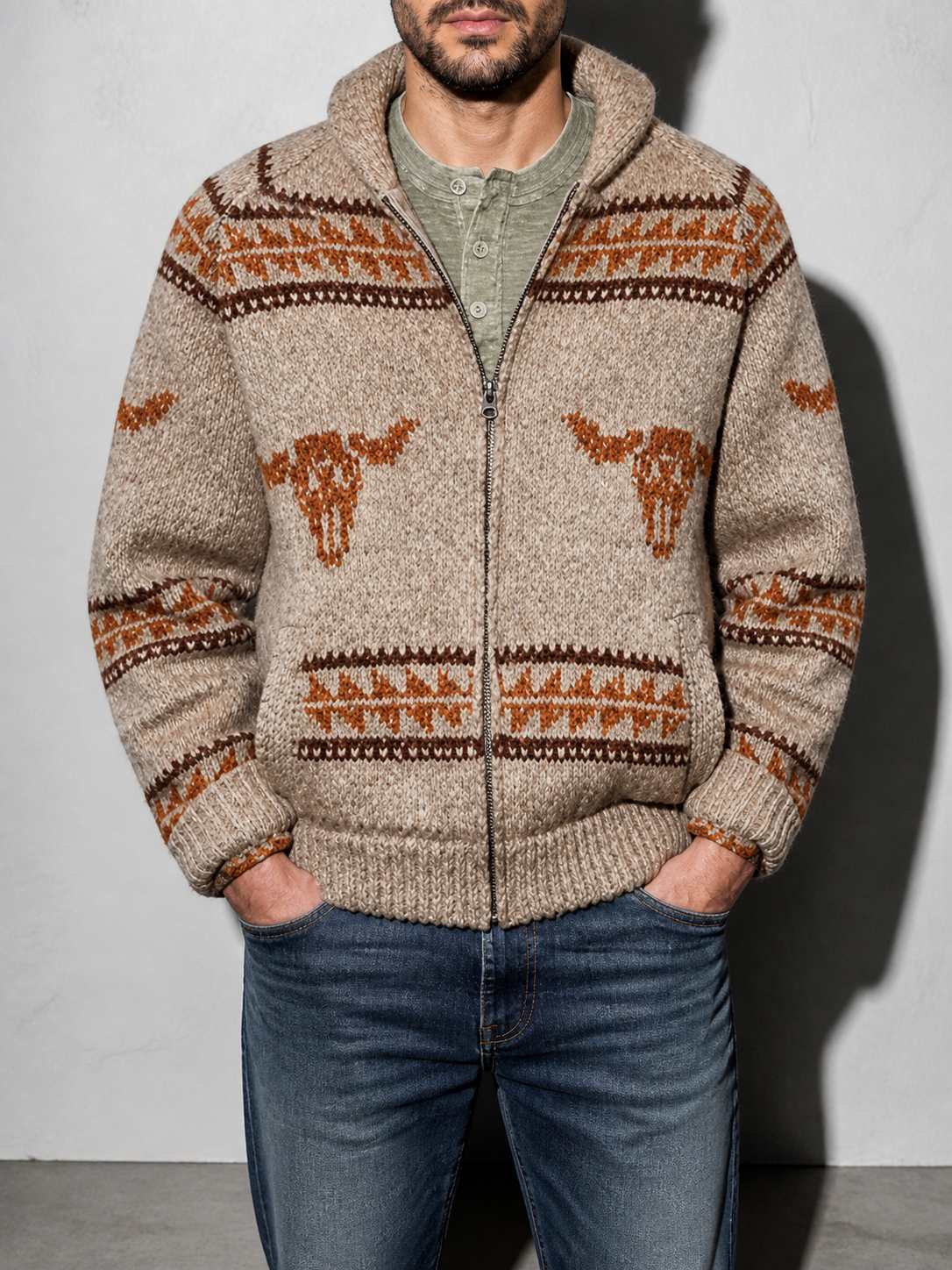Code Culture catalog | ox-head-jacquard-weave-zip-knitted-sweater-coat | khaki | zoom detail