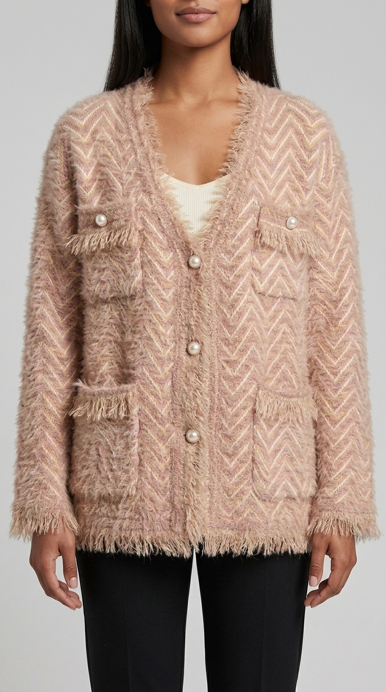 Code Culture catalog | womens-fringed-knitted-cardigan-coat | pink | zoom detail