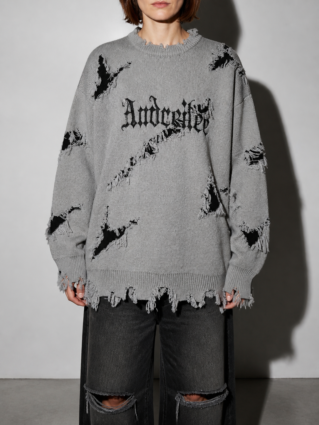 Code Culture catalog | new-personality-street-jacquard-ripped-frayed-vintage-loose-sweater | gray | zoom detail
