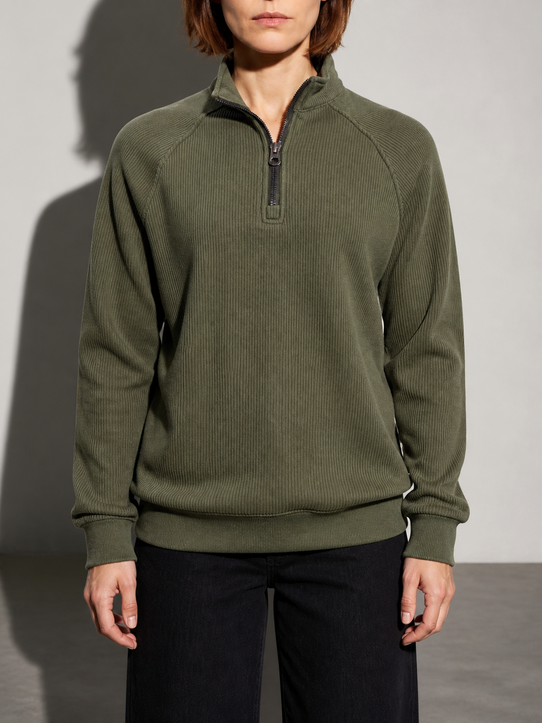 Code Culture catalog | european-and-american-half-zipper-sweater-stand-up-collar-all-match-fleece-mens-sweater-top | army-green | zoom detail