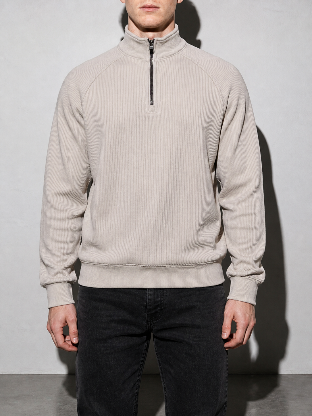 Code Culture catalog | european-and-american-half-zipper-sweater-stand-up-collar-all-match-fleece-mens-sweater-top | apricot | zoom detail