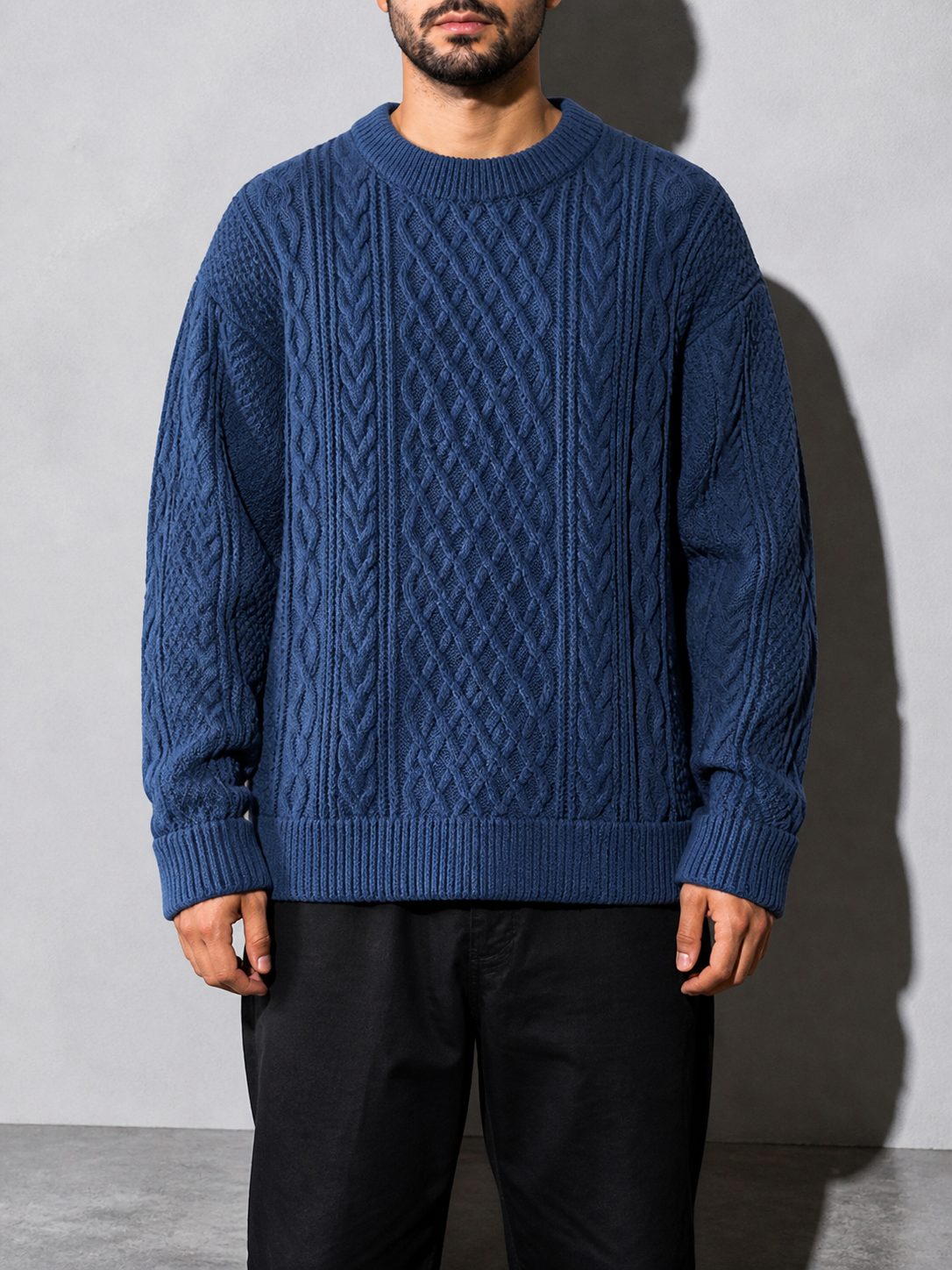 Code Culture catalog | autumn-and-winter-new-mens-twist-sweater-casual-round-neck-pullover-top | blue | zoom detail