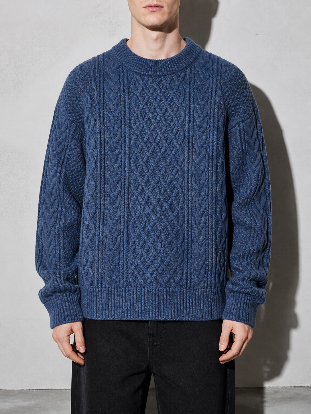 Code Culture catalog | autumn-and-winter-new-mens-twist-sweater-casual-round-neck-pullover-top | blue-round-neck | zoom detail