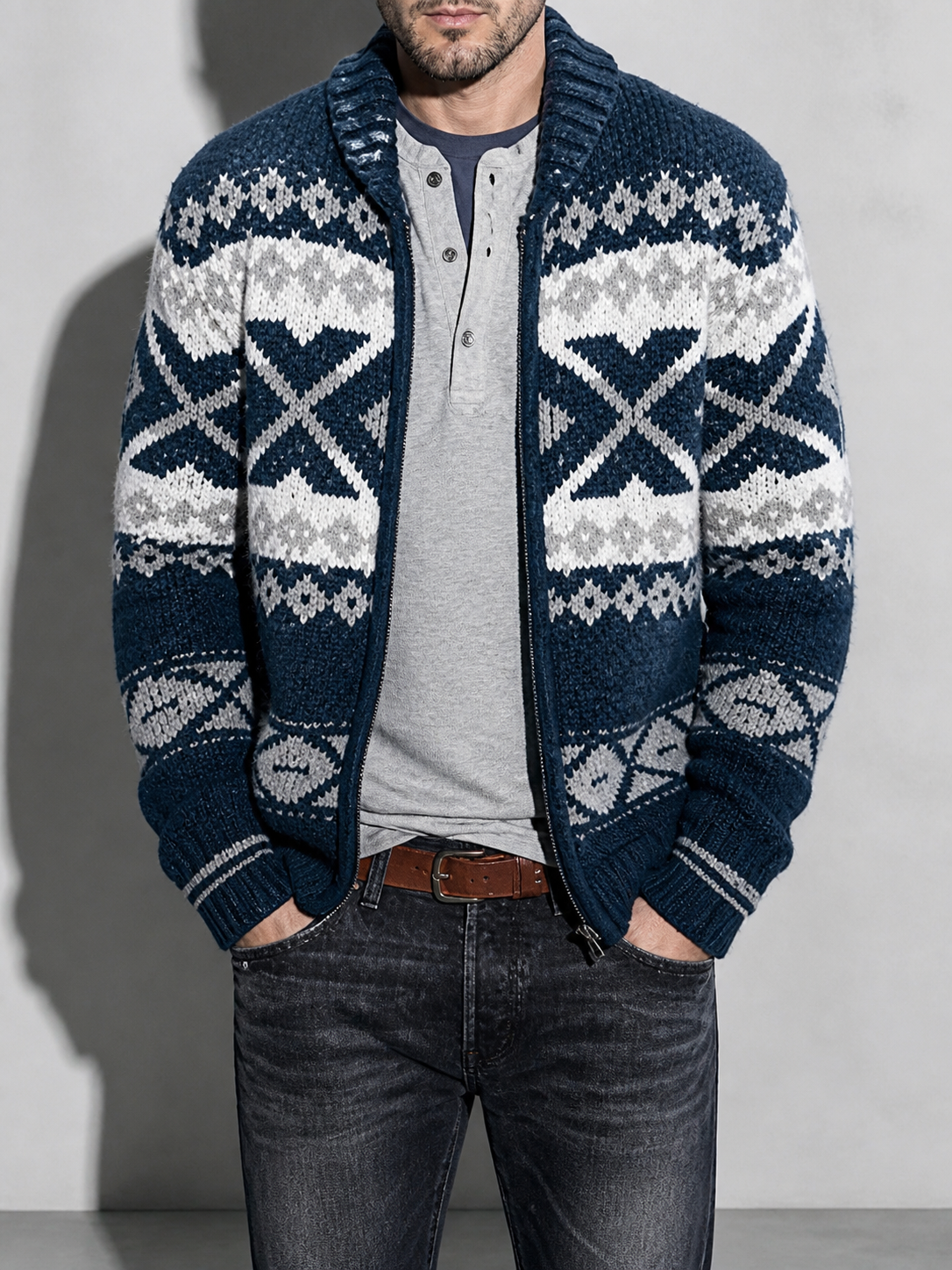 Code Culture catalog | long-sleeve-jacquard-sweater-coat | dark-blue | zoom detail