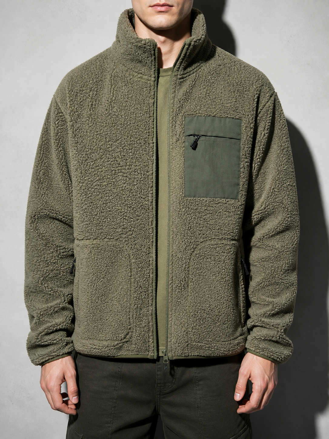 Code Culture catalog | mens-cardigan-fleece-outdoor-polar-fleece-jacket | olive | zoom detail