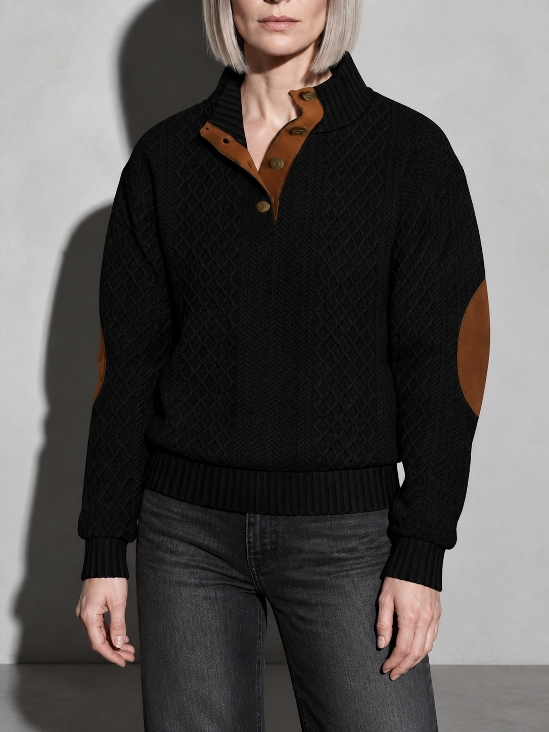 Code Culture catalog | stand-collar-long-sleeve-jacquard-knitted-pullover-sweater | black | zoom detail