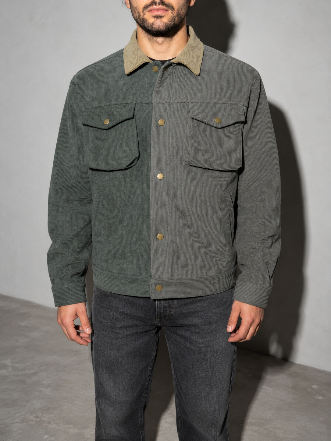 Code Culture catalog | asymmetric-color-contrast-patchwork-workwear-jacket | color-gray | zoom detail
