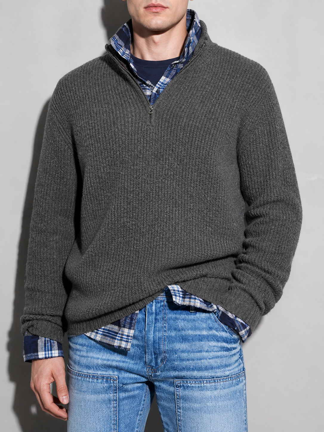 Code Culture catalog | mens-business-casual-loose-zip-stand-collar-sweater | gray | zoom detail