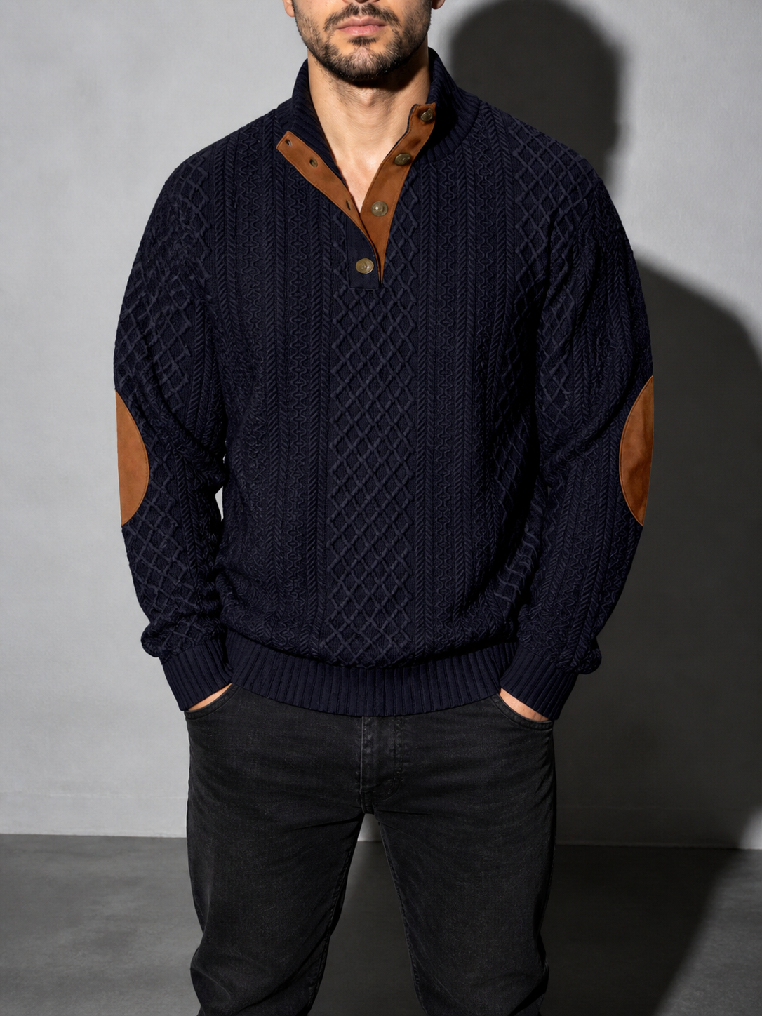 Code Culture catalog | stand-collar-long-sleeve-jacquard-knitted-pullover-sweater | navy-blue | zoom detail