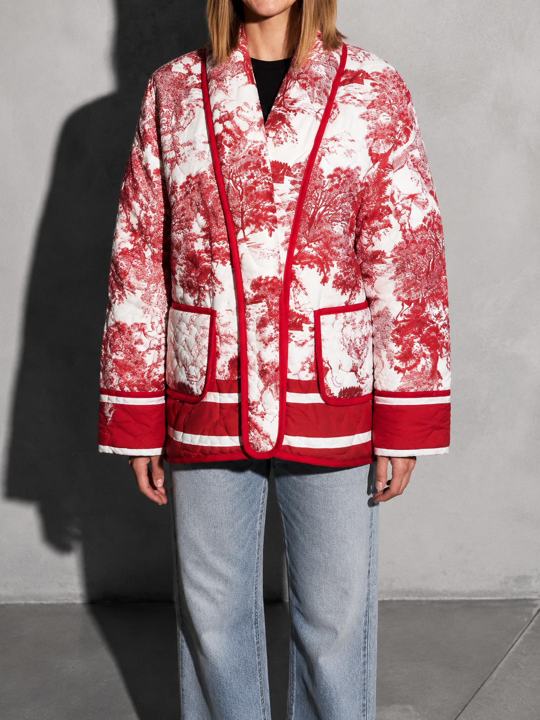 Code Culture catalog | printed-double-pocket-embellished-cotton-jacket | color-red | zoom detail