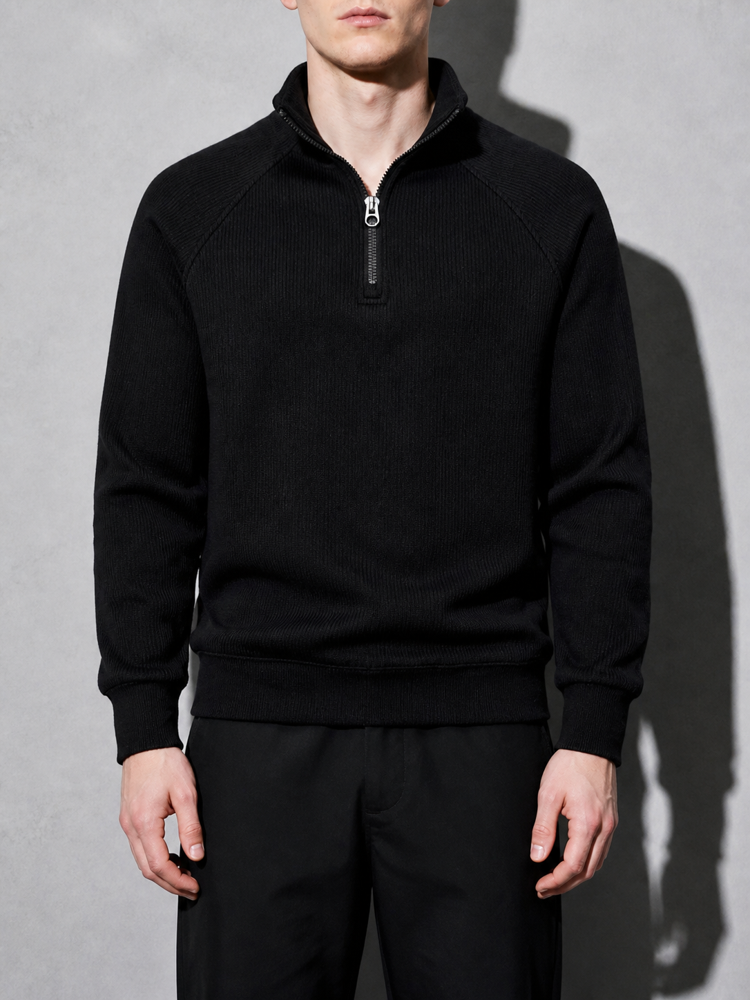 Code Culture catalog | european-and-american-half-zipper-sweater-stand-up-collar-all-match-fleece-mens-sweater-top | black | zoom detail