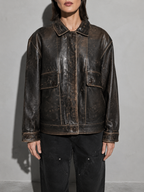 Code Culture catalog | jacket-coat-retro-washed-brushed-brown-distressed | color-brown-distressed-leather-coat | zoom detail