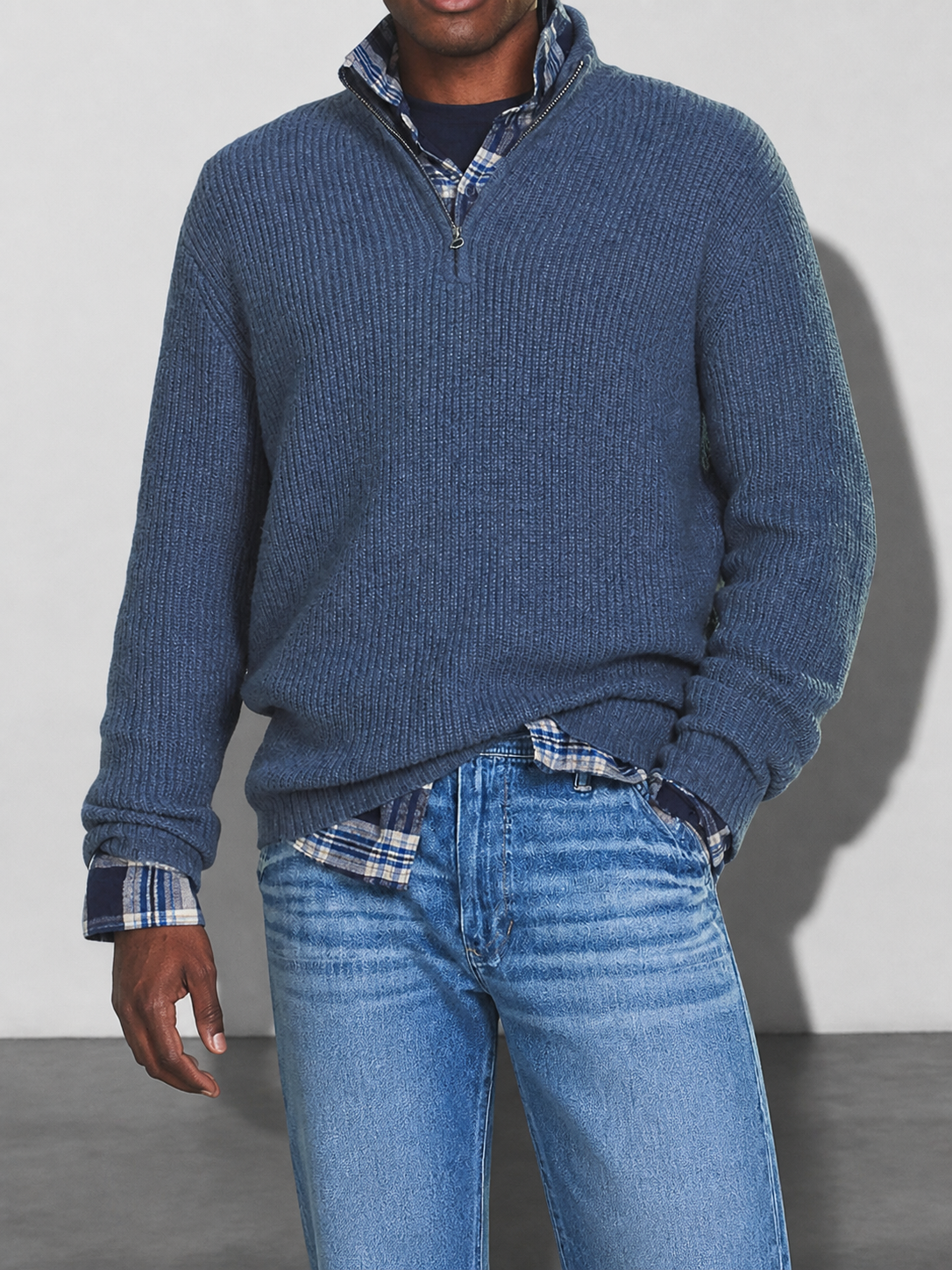 Code Culture catalog | mens-casual-loose-zip-stand-collar-sweater | blue | zoom detail