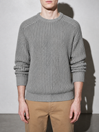 Code Culture catalog | mens-solid-color-long-sleeve-round-neck-fashion-sweater-loose-retro-sweater | gray | zoom detail