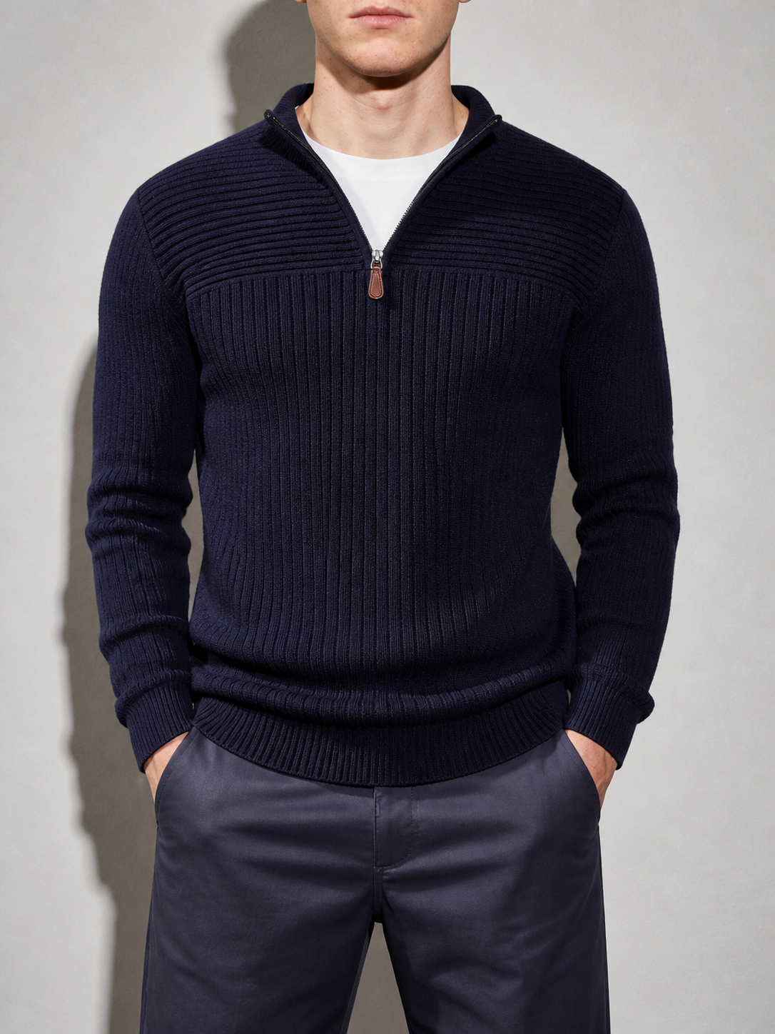 Code Culture catalog | mens-half-zip-stand-up-collar-sweater | navy-blue | zoom detail