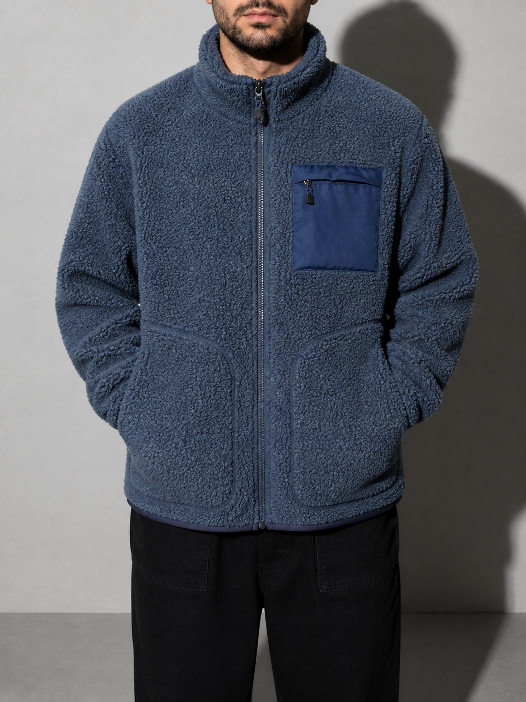 Code Culture catalog | mens-cardigan-fleece-outdoor-polar-fleece-jacket | haze-blue | zoom detail