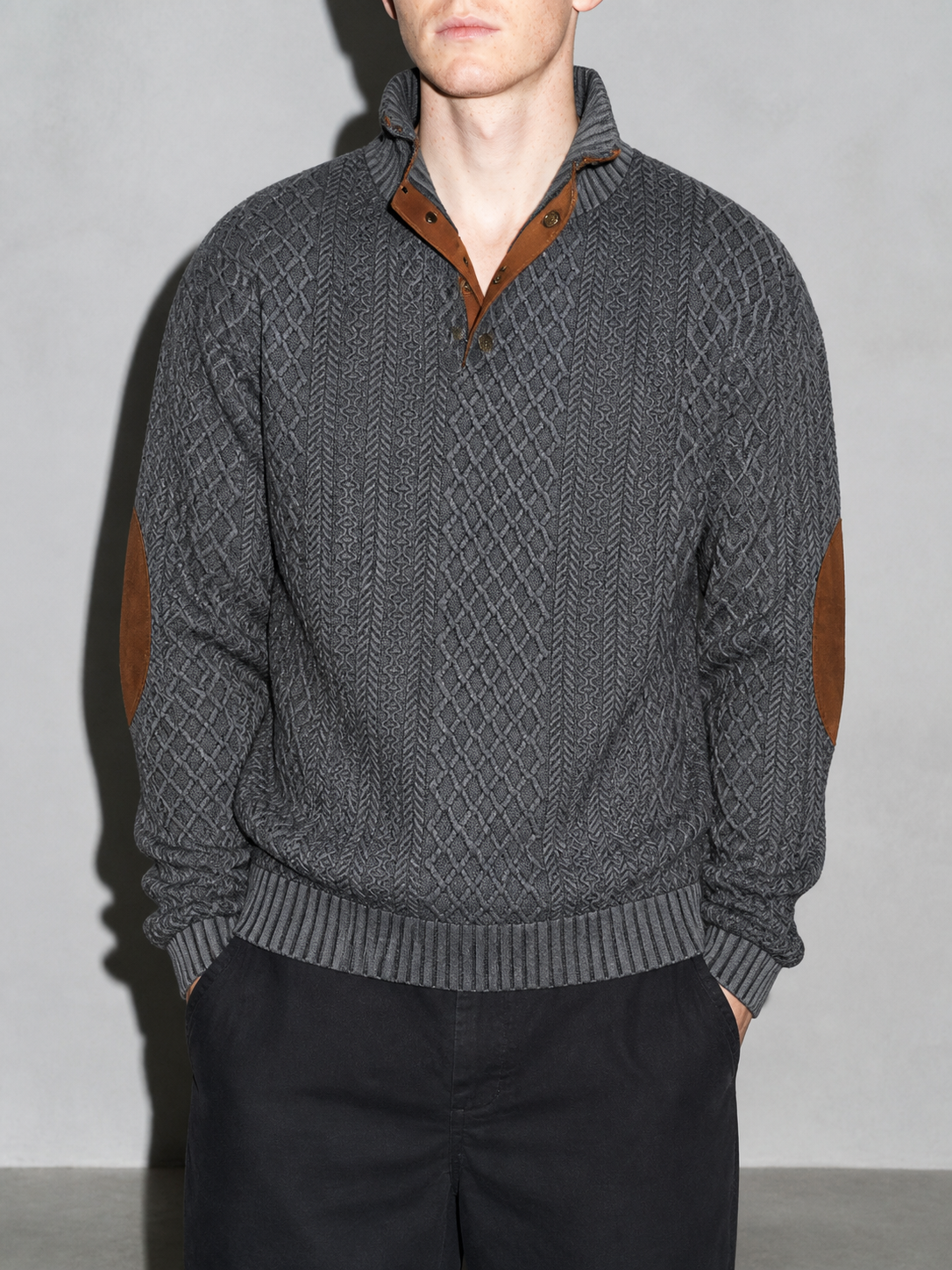 Code Culture catalog | stand-collar-long-sleeve-jacquard-knitted-pullover-sweater | dark-gray | zoom detail