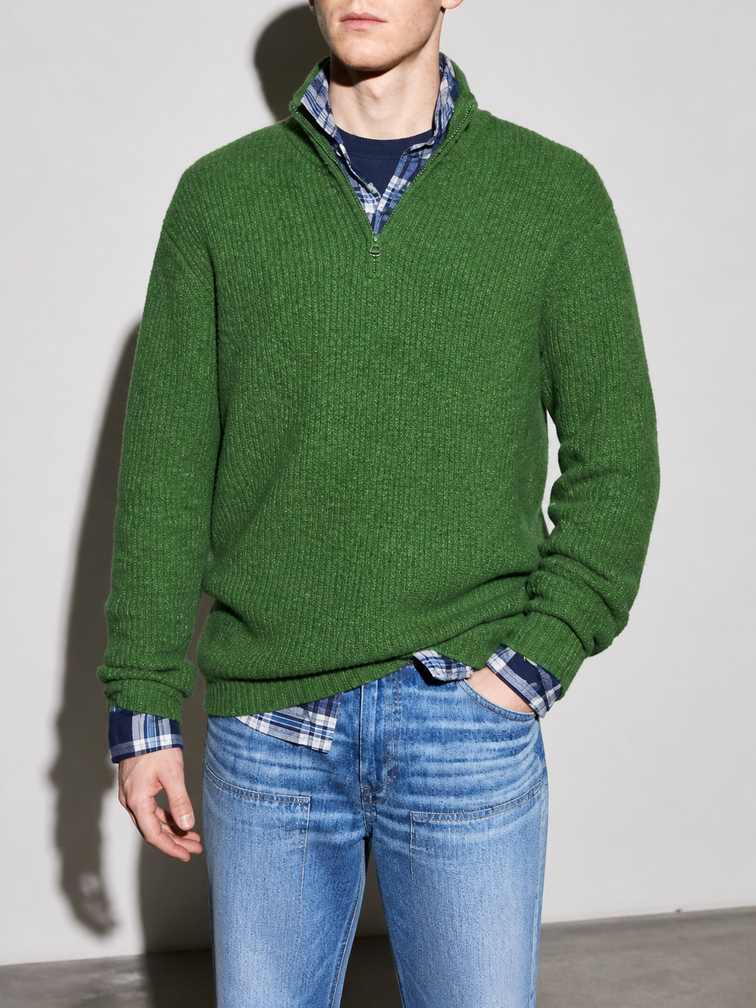 Code Culture catalog | mens-business-casual-loose-zip-stand-collar-sweater | green | zoom detail