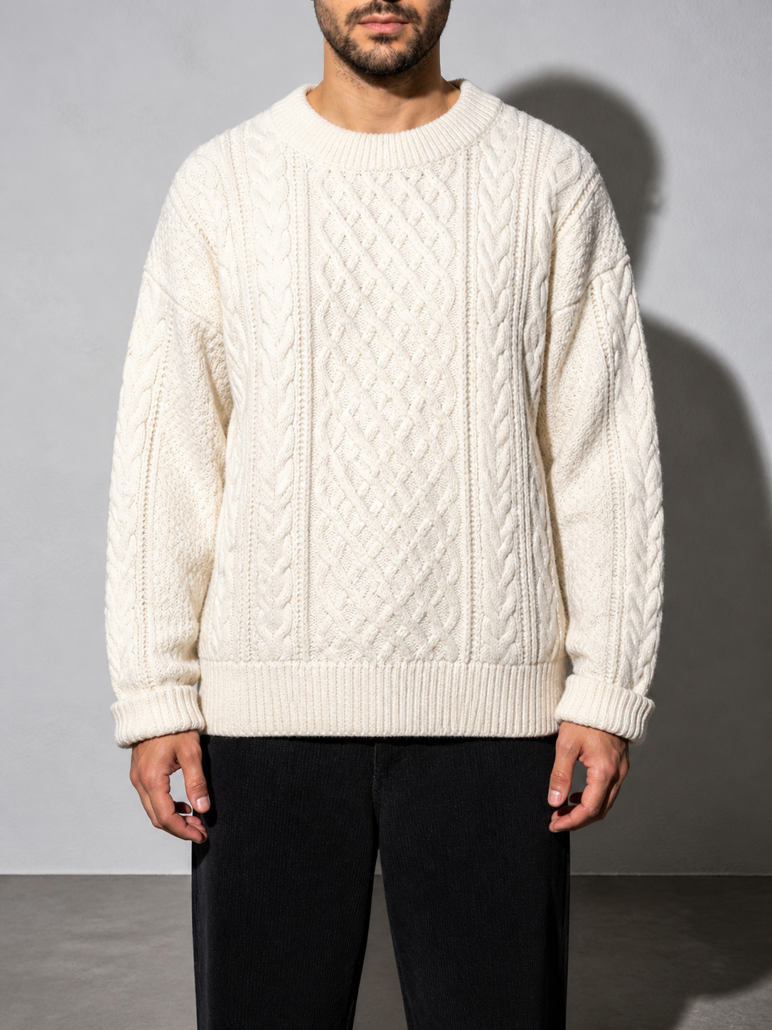 Code Culture catalog | autumn-and-winter-new-mens-twist-sweater-casual-round-neck-pullover-top | b046-apricot-white | zoom detail