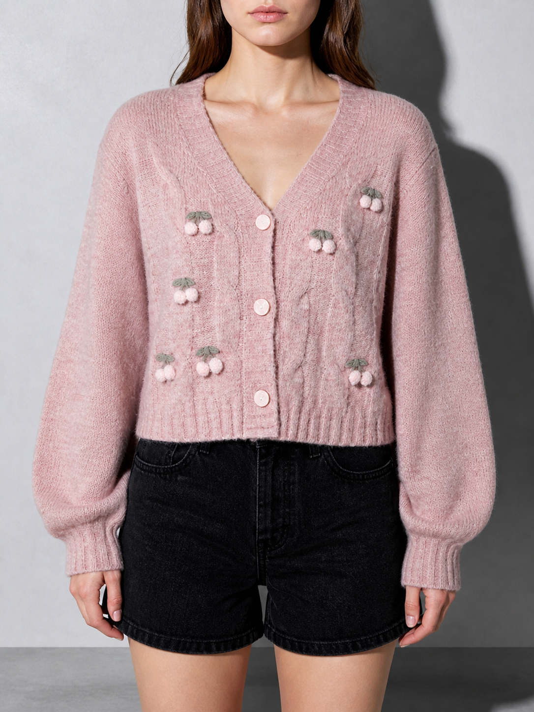 Code Culture catalog | knitted-cardigan-pink-cherry-lazy-retro-gentle-sweater | pink | zoom detail