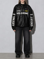 Code Culture catalog | womens-loose-letter-racing-motorcycle-jacket | color-black | zoom detail