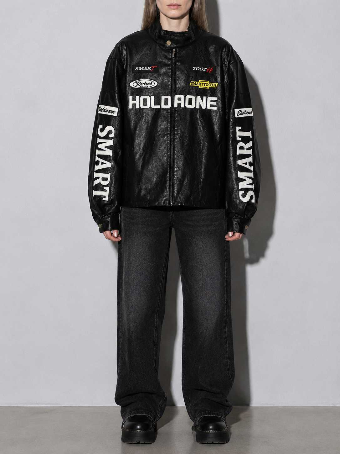 Code Culture catalog | womens-loose-letter-racing-motorcycle-jacket | color-black | zoom detail