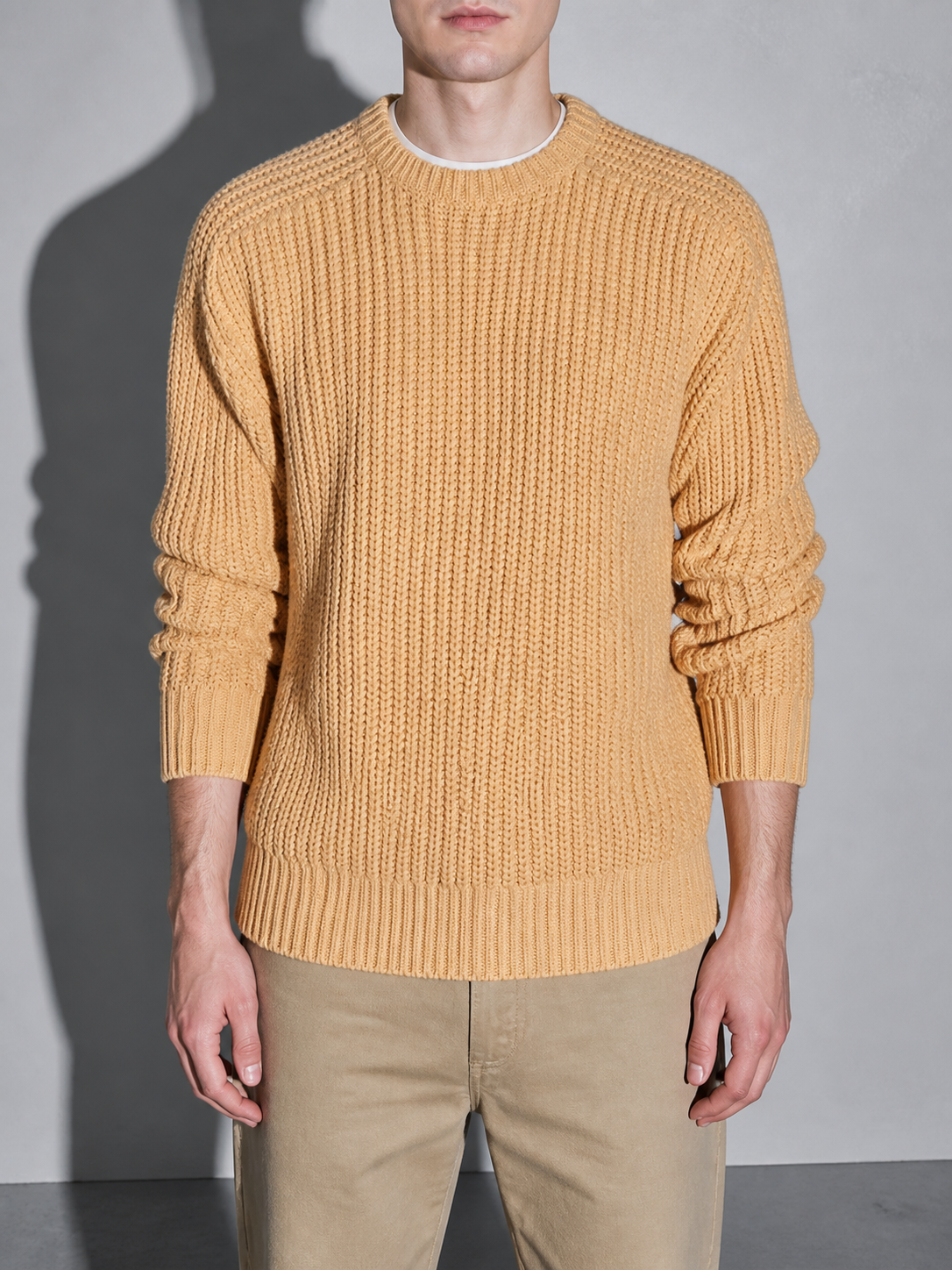 Code Culture catalog | mens-solid-color-long-sleeve-round-neck-fashion-sweater-loose-retro-sweater | khaki | zoom detail